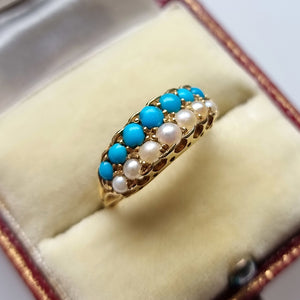 Victorian 18ct Gold Turquoise & Pearl Double Row Ring in box