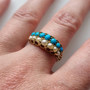 Victorian 18ct Gold Turquoise & Pearl Double Row Ring modelled