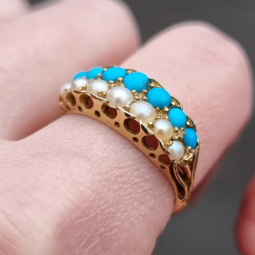 Victorian 18ct Gold Turquoise & Pearl Double Row Ring modelled