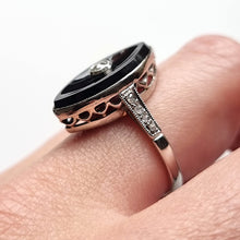 Load image into Gallery viewer, Art Deco 18ct White Gold Onyx &amp; Diamond Navette Ring modelled
