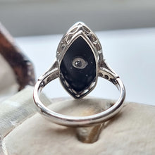 Load image into Gallery viewer, Art Deco 18ct White Gold Onyx &amp; Diamond Navette Ring behind head
