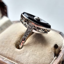 Load image into Gallery viewer, Art Deco 18ct White Gold Onyx &amp; Diamond Navette Ring in box
