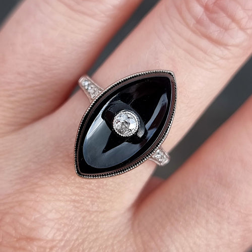 Art Deco 18ct White Gold Onyx & Diamond Navette Ring modelled