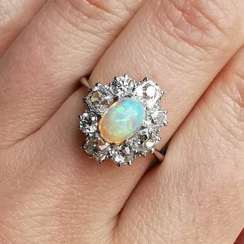 Antique Platinum Opal & Diamond Cluster Ring