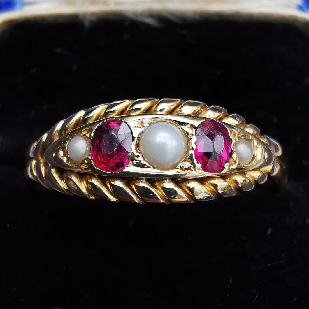 Antique 18ct Gold Ruby & Pearl Ring