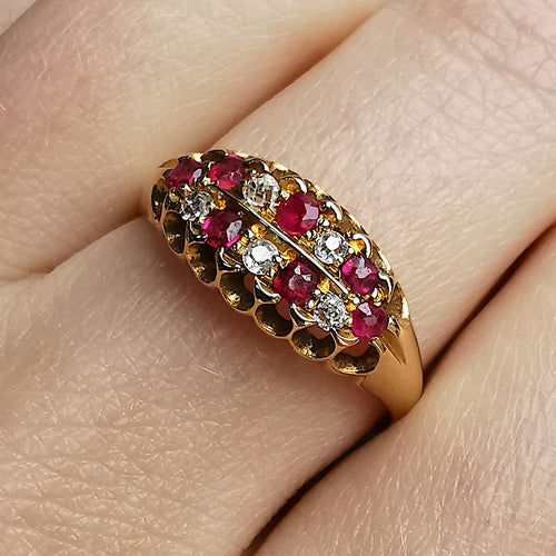 Edwardian 18ct Gold Ruby & Diamond Double Row Ring