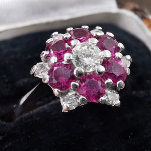 Vintage 18ct White Gold Ruby & Diamond Cluster Ring