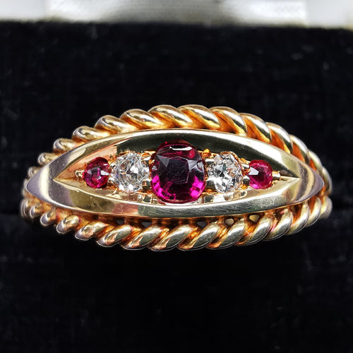 Antique 18ct Gold Ruby & Diamond Rope Edge Ring