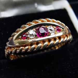 Antique 18ct Gold Ruby & Diamond Rope Edge Ring