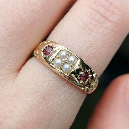 Victorian 18ct Gold Ruby & Pearl Ring