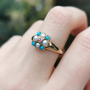 Victorian 15ct Gold Turquoise, Pearl & Ruby Ring