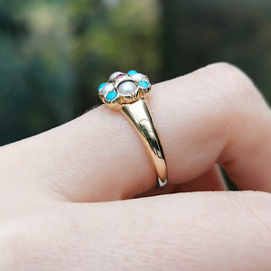 Victorian 15ct Gold Turquoise, Pearl & Ruby Ring