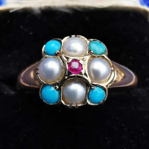Victorian 15ct Gold Turquoise, Pearl & Ruby Ring