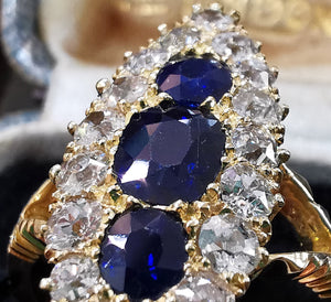 Victorian 18ct Gold Sapphire & Diamond Navette Cluster Ring