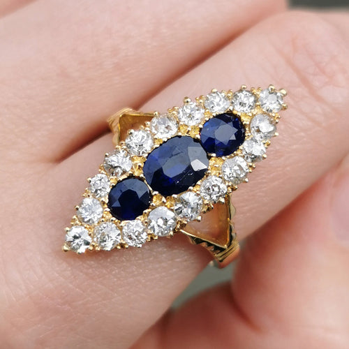 Victorian 18ct Gold Sapphire & Diamond Navette Cluster Ring