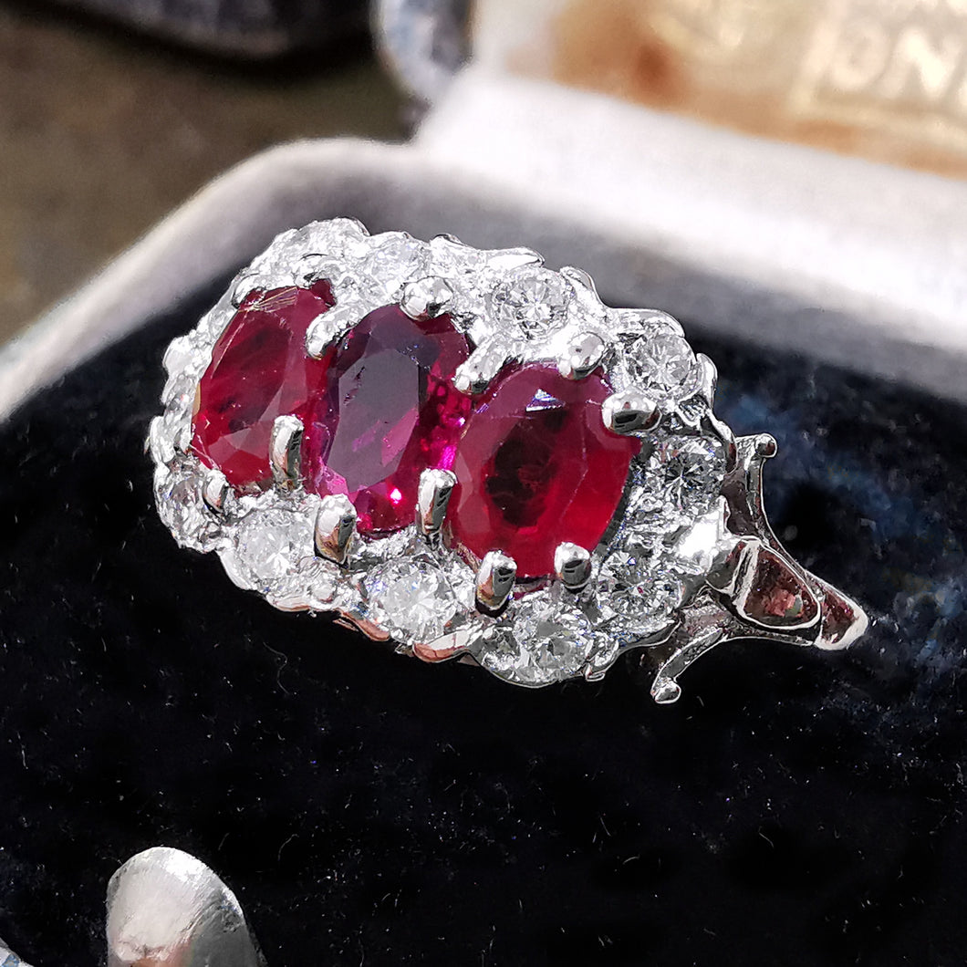Vintage 18ct White Gold Ruby & Diamond Triple Cluster Ring