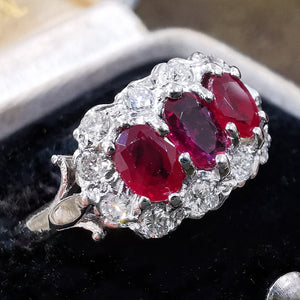 Vintage 18ct White Gold Ruby & Diamond Triple Cluster Ring