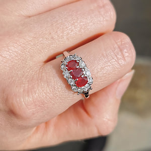 Vintage 18ct White Gold Ruby & Diamond Triple Cluster Ring