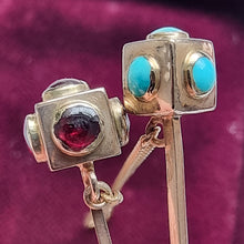 Load image into Gallery viewer, Antique Pair of 9ct Gold Turquoise &amp; Garnet Stick Pins close-up
