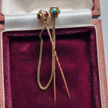Load image into Gallery viewer, Antique Pair of 9ct Gold Turquoise &amp; Garnet Stick Pins in box
