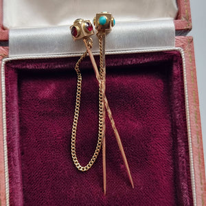 Antique Pair of 9ct Gold Turquoise & Garnet Stick Pins in box
