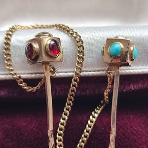 Antique Pair of 9ct Gold Turquoise & Garnet Stick Pins heads