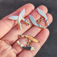 Load image into Gallery viewer, Vintage 9ct Gold Kukri Cufflinks &amp; Lapel Pin Suite in hand
