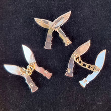 Load image into Gallery viewer, Vintage 9ct Gold Kukri Cufflinks &amp; Lapel Pin Suite in box, reverse
