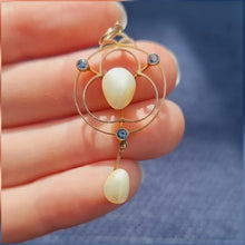 Load and play video in Gallery viewer, Antique 9ct Gold Sapphire &amp; Baroque Pearl Drop Pendant
