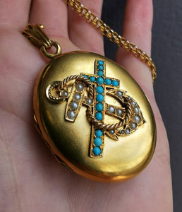 Victorian 18ct Gold Turquoise & Pearl Locket