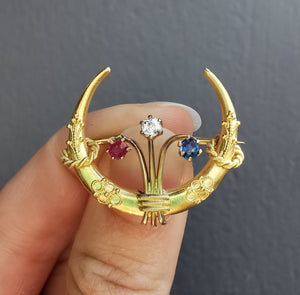 Victorian 15ct Gold Ruby, Sapphire & Diamond Crescent Brooch