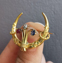Load image into Gallery viewer, Victorian 15ct Gold Ruby, Sapphire &amp; Diamond Crescent Brooch
