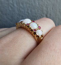 Load image into Gallery viewer, Vintage 18ct Gold Opal &amp; Ruby Ring on finger
