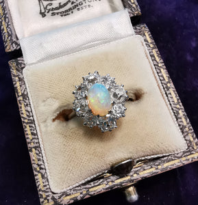Antique Platinum Opal & Diamond Cluster Ring