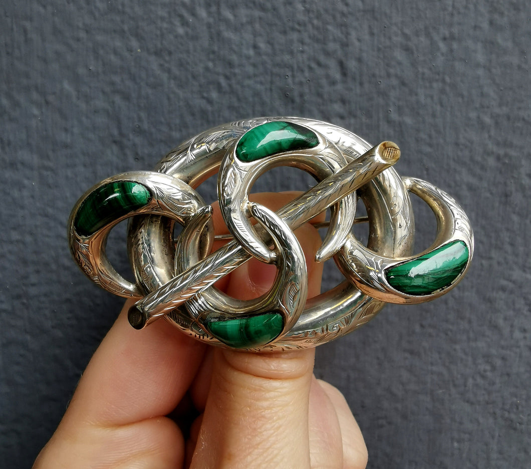 Large Victorian Scottish Silver Malachite Knot Brooch