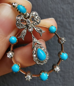 Edwardian 15ct Gold Turquoise & Diamond Bow Pendant