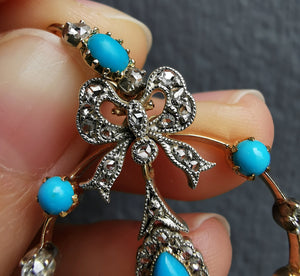 Edwardian 15ct Gold Turquoise & Diamond Bow Pendant