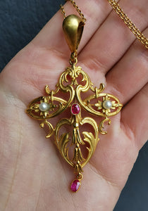 Art Nouveau Gold, Ruby & Pearl Pendant with Chain