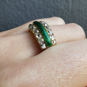 Antique 18ct Gold Enamel & Diamond Ring on finger