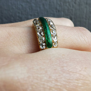 Antique 18ct Gold Enamel & Diamond Ring on finger