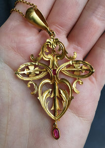 Art Nouveau Gold, Ruby & Pearl Pendant with Chain
