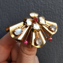 Load image into Gallery viewer, Vintage 10kt Coro Moonstone &amp; Ruby Fan Brooch
